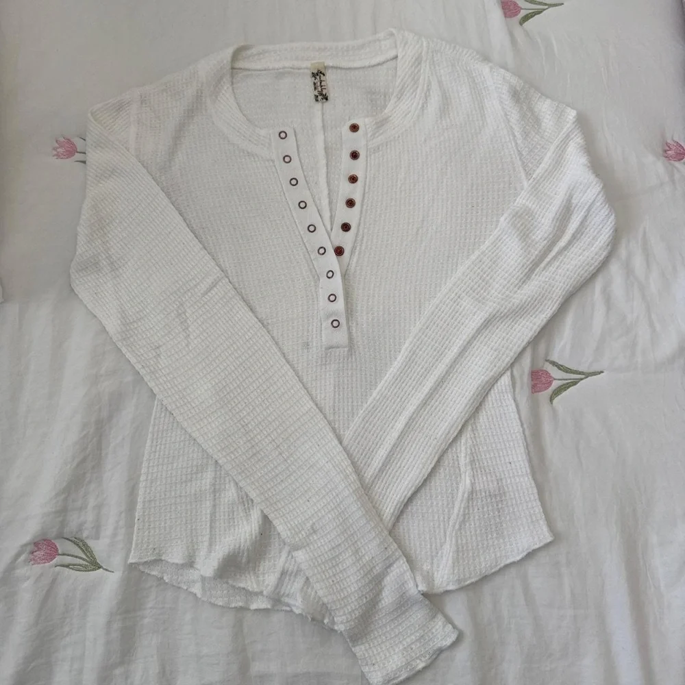 Free People White Waffle Henley Long Sleeve Top